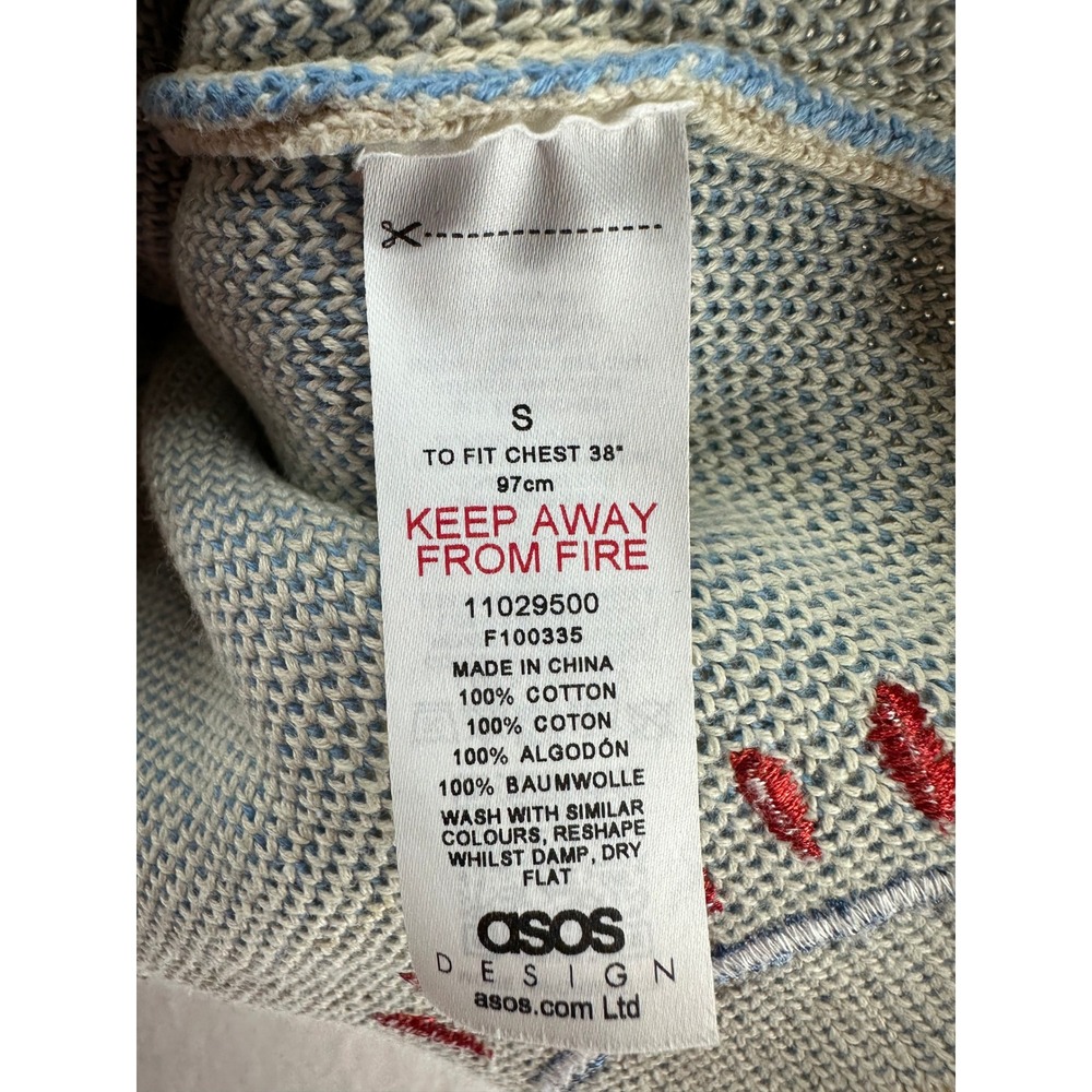 ASOS DESIGN Cream Blue Flower Intarsia Cotton Knit Sweater Small Oversized Mock - Picture 8 of 9